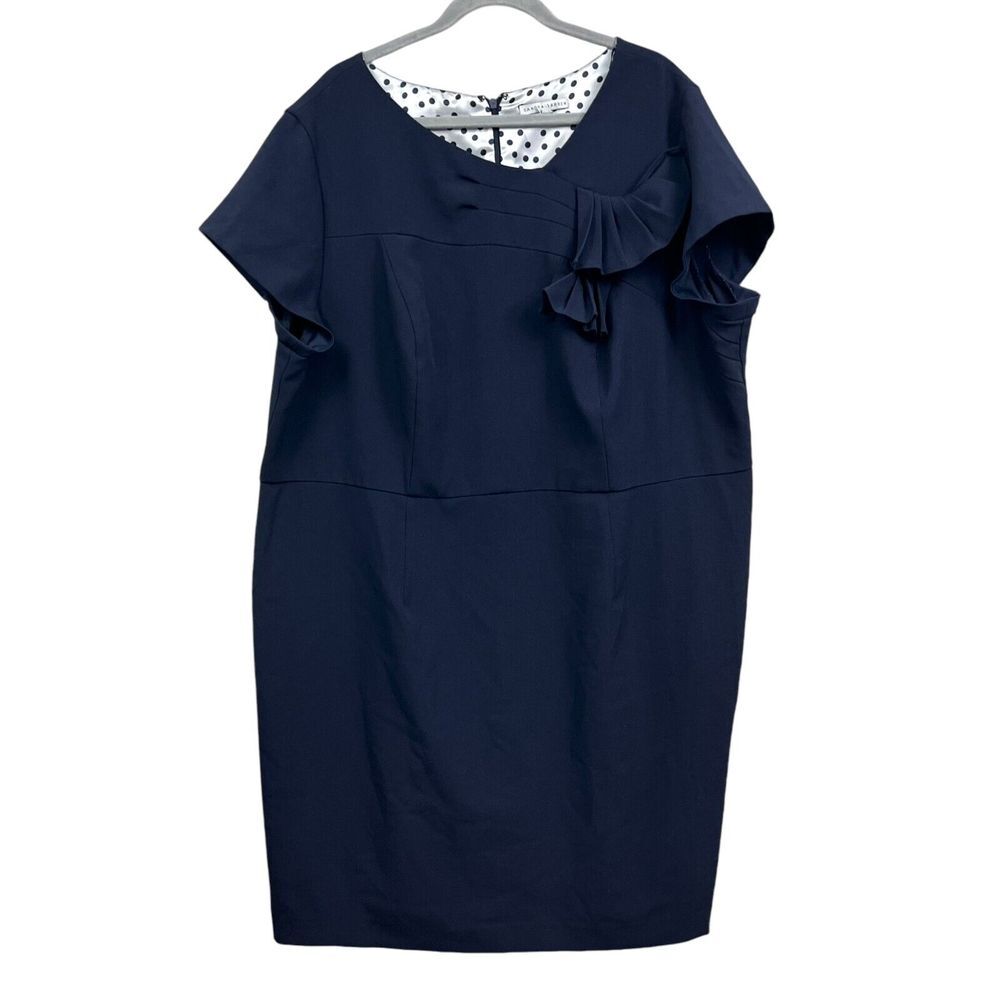 Sandra Darren Womens Sheath Dress Ruffled Collar Cap Sleeves Navy Plus Sz 24W*